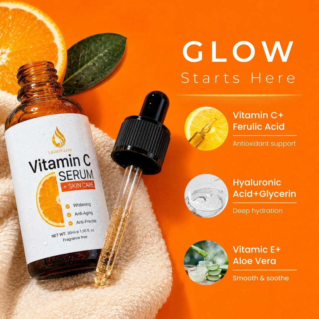 LIGHTGLOW Vitamin C Serum — Dark Spots & Fine Lines, Amber Glass, 1 fl oz