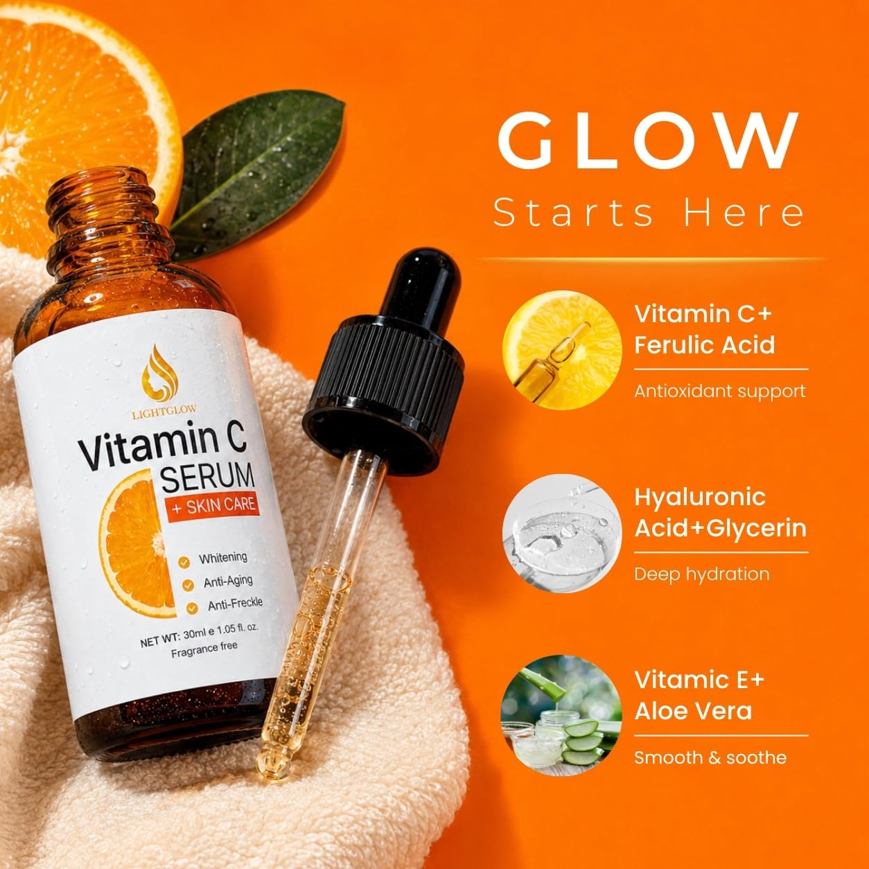 LIGHTGLOW Vitamin C Serum — Dark Spots & Fine Lines, Amber Glass, 1 fl oz