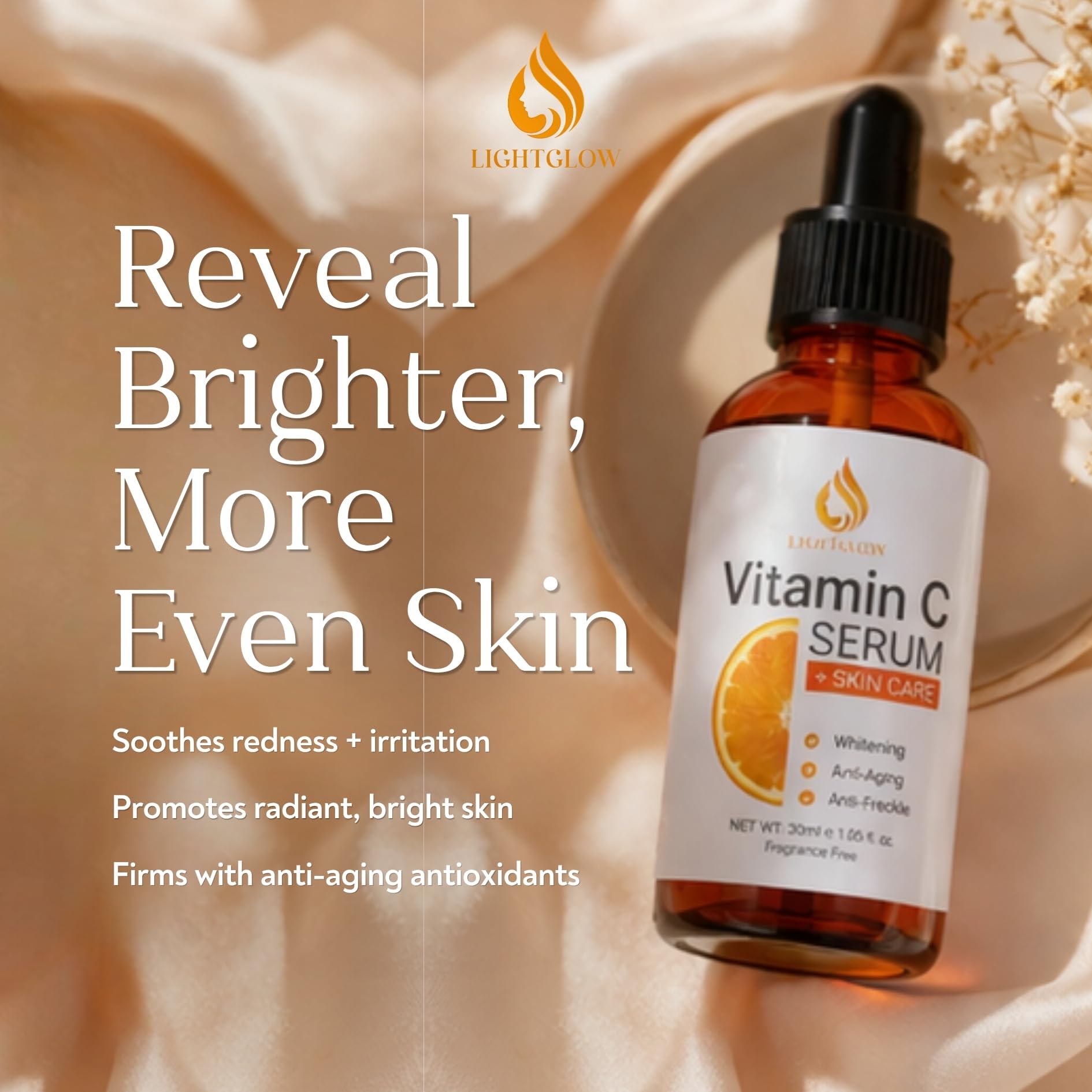 LIGHTGLOW Vitamin C Serum — Dark Spots & Fine Lines, Amber Glass, 1 fl oz